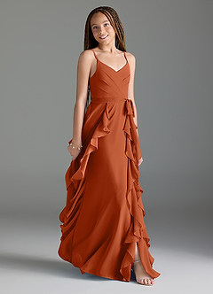 Azazie Peyton Junior Burnt Orange A-Line V-Neck Cascading Ruffles Chiffon Dress image3