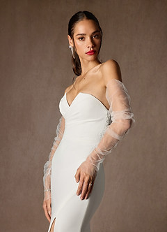 Azazie Mari At-home Try On Dresses Diamond White Mermaid V-Neck Stretch Crepe Dress image9