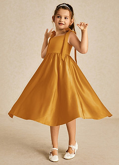 Azazie Chelsie Flower Girl Dresses Butterscotch A-Line Bow Matte Satin Dress image3