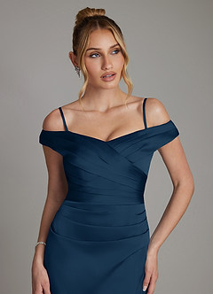 Azazie Teyana Bridesmaid Dresses Dark Navy Sheath Off the Shoulder Stretch Satin Dress image3