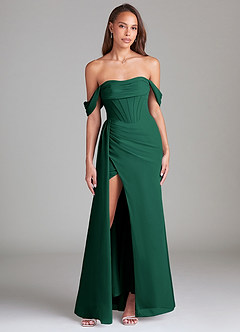 Azazie Amyra Bridesmaid Dresses Emerald Sheath Off the Shoulder Chiffon Convertible Dress image1