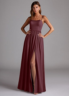 Azazie Calianna Robes de demoiselle d'honneur Robe Trapèze Convertible en Satin extensible Épaule décolletée Sangria image1