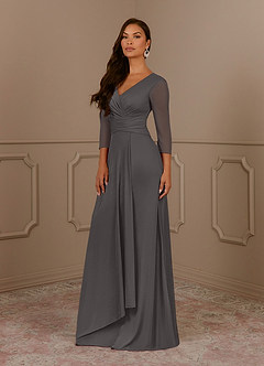 Azazie Annetta Mother of the Bride Dresses Steel Grey A-Line V-Neck Pleated Mesh Dress image2