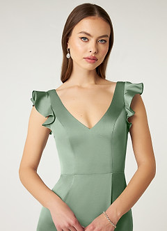 Azazie Vero Final Sale Matcha Sheath Ruched Stretch Satin Dress image6