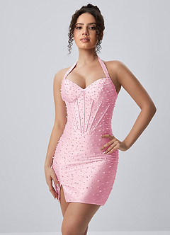 Marianne Pink Halter Satin Corset Slit Mini Dress image4
