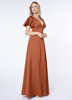 Azazie Lani Bridesmaid Dresses Cedar Rose A-Line Flounce Sleeve Stretch Satin Dress image4