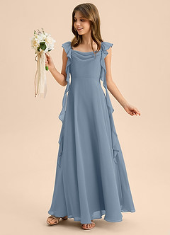 Azazie Carmin Junior Vestido de Azul Polvoriento de Gasa de Corte en A con Volante image3