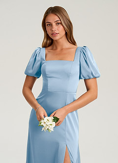 Azazie Fyona Bridesmaid Dresses Powder Blue A-Line Pleated Stretch Satin Dress image12