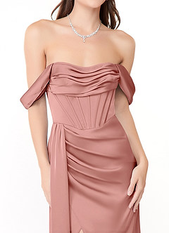 Azazie Amyra Bridesmaid Dresses Rosette Sheath Off the Shoulder Stretch Satin Convertible Dress image9