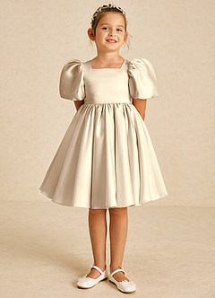 Azazie Muffin Flower Girl Dresses Champagne A-Line with Sleeves Matte Satin Dress image2