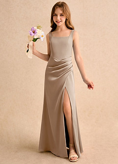 Azazie Noah Girls Formal Flower Girl Dresses Taupe Sheath Pleated Stretch Satin Dress image1