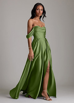 Azazie Loisa Abiti da Damigella Abito A-Line in Raso Elasticizzato a Spalla Scoperta Ginepro image6