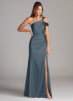 Azazie Wynter Bridesmaid Dresses Twilight Sheath Off the Shoulder Stretch Satin Dress image4