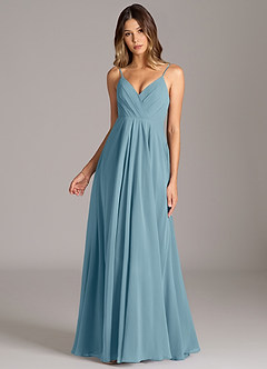 Azazie Amani Vestidos de damas de honor Vestido de Azul Malhumorado de Gasa de Corte en A con Plisado image4