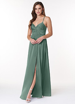 Azazie Raya Brautjungfernkleider A-Linie V-Hals Gefaltet Stretch-Satin Kleid Eukalyptus image3