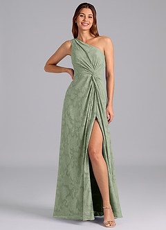 Azazie Brooke Bridesmaid Dresses Agave A-Line One Shoulder Floral Burnout Dress image3