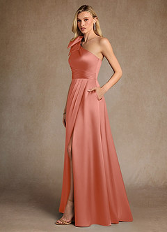 Azazie Easton Mère de la mariée Robes Robe Trapèze en Satin extensible Une épaule Rose Saumon image2