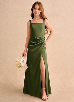 Azazie Noah Girls Formal Jurken voor bloemenmeisjes Kolom Jurk van Stretch Satijn Geplooide Olijf image3