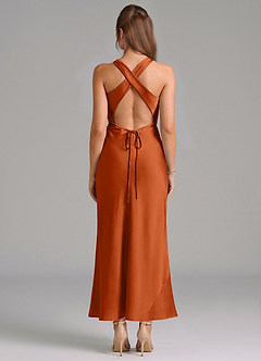 Azazie Evadne Bridesmaid Dresses Burnt Orange Sheath Pleated Stretch Satin Dress image5