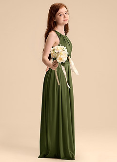 Azazie Bibiane Junior Olive A-Line Pleated Stretch Satin Dress image5