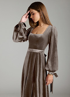 Azazie Leonia Bridesmaid Dresses Silver Taupe A-Line Long Sleeve Velvet Dress image6