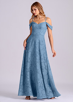 Azazie Marley Final Sale Steel Blue A-Line Off the Shoulder Floral Burnout Convertible Dress image3