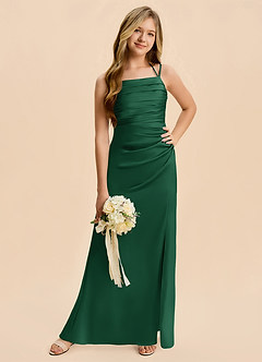 Azazie Nova Junior Dark Green A-Line Pleated Stretch Satin Dress image5