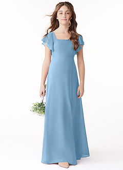 Azazie Bondi Junior Steel Blue A-Line Bow Chiffon Dress image2