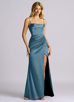 Azazie Auden Suknie dla druhen Osłona Zza ramienia Satyna elastyczna Do ziemi Sukienka image3