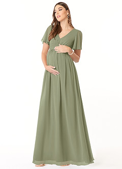 Azazie Verna vestidos de dama de honor de maternidad Vestido de Corte En A Cuello en V fruncido Hasta el suelo Gasa image3