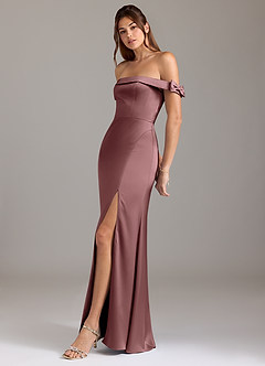 Azazie Zayla Bridesmaid Dresses Vintage Mauve A-Line Off the Shoulder Stretch Satin Convertible Dress image4