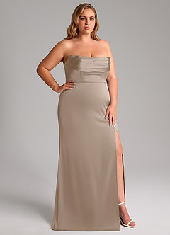 Azazie Saige Bridesmaid Dresses Taupe Sheath Off the Shoulder Stretch Satin Dress image17