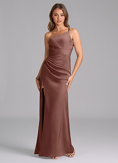 Azazie Eren At-home Try On Dresses Black Mermaid One Shoulder Stretch Satin Dress image5