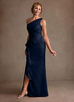 Azazie Galinda vestidos de madre de la novia Vestido de Azul Marino Oscuro de Jacquard Floral de Corte Recto con Hombro unilateral image3