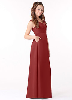 Azazie Sadia Junior Rust A-Line Pleated Matte Satin Dress image2
