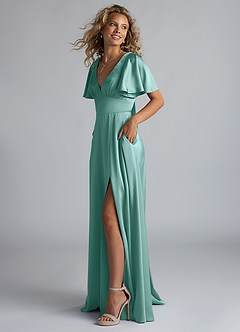 Azazie Kimber Bridesmaid Dresses Aqua A-Line Ruched Stretch Satin Dress image6