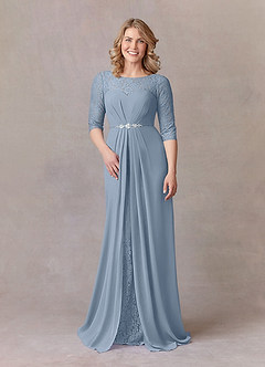 Azazie Leonine Mother of the Bride Dresses Dusty Blue A-Line Scoop lace Chiffon Dress image3