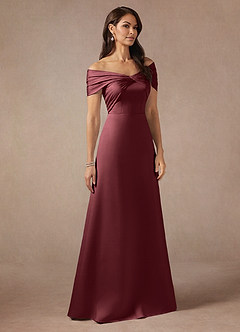 Azazie Amelia Mother of the Bride Dresses Merlot A-Line Off the Shoulder Stretch Satin Dress image4