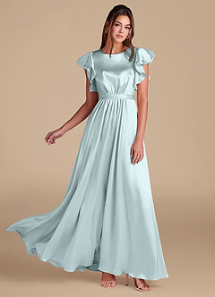 Azazie Daphne Modest Bridesmaid Dresses A-Line Ruched Metallic Satin Floor-Length Dress image1