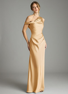 Azazie Emerson Bridesmaid Dresses Gold Mermaid Off the Shoulder Stretch Satin Dress image5