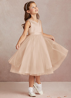 Azazie Marlee Flower Girl Dresses English Rose A-Line Pleated Matte Satin Dress image1