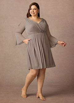 Azazie Teraso Mother of the Bride Dresses Taupe A-Line Pleated Mesh Dress image12