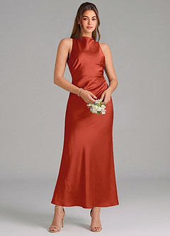Azazie Evadne Bridesmaid Dresses Rust Sheath Pleated Stretch Satin Dress image3