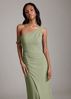 Azazie Madelyn Vestidos de damas de honor Vestido de Pistacho de Gasa de Corte Sirena Convertible con Hombro unilateral image4