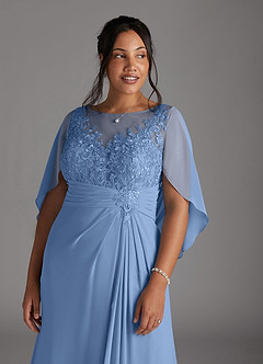 Azazie Hera At-home Try On Dresses Steel Blue A-Line Lace Capelet Chiffon Dress image11