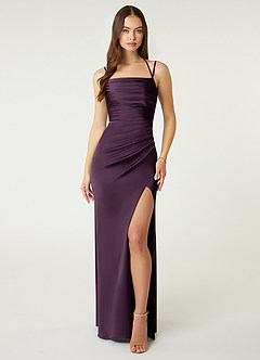 Azazie Desi Bridesmaid Dresses Plum Sheath Halter Corset Stretch Satin Dress image1