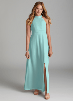 Azazie Clarice Junior Abito A-Line in Chiffon Spacco Laterale Acqua image4