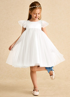 Azazie Munchkin Flower Girl Dresses Ivory Steel Blue A-Line Bow Tulle Dress image3
