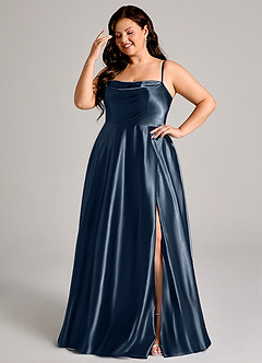 Azazie Elle Bridesmaid Dresses Dark Navy A-Line with Pockets Metallic Satin Dress image10