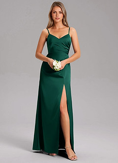 Azazie Azuree Bridesmaid Dresses Emerald A-Line Pleated Stretch Satin Dress image3